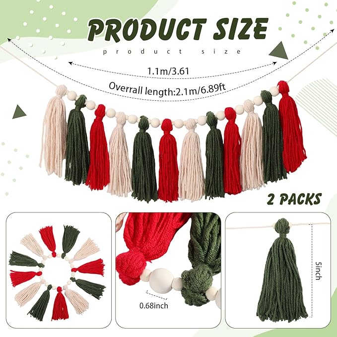 2 Pcs Tassel Garland with Wood Beads, Handmade Cotton Yarn Wall Hanging Banner Boho Tassel Wall Hanging Party Decor for Nursery, Birthday Baby Shower Home Classroom Decoration(Red Green)
