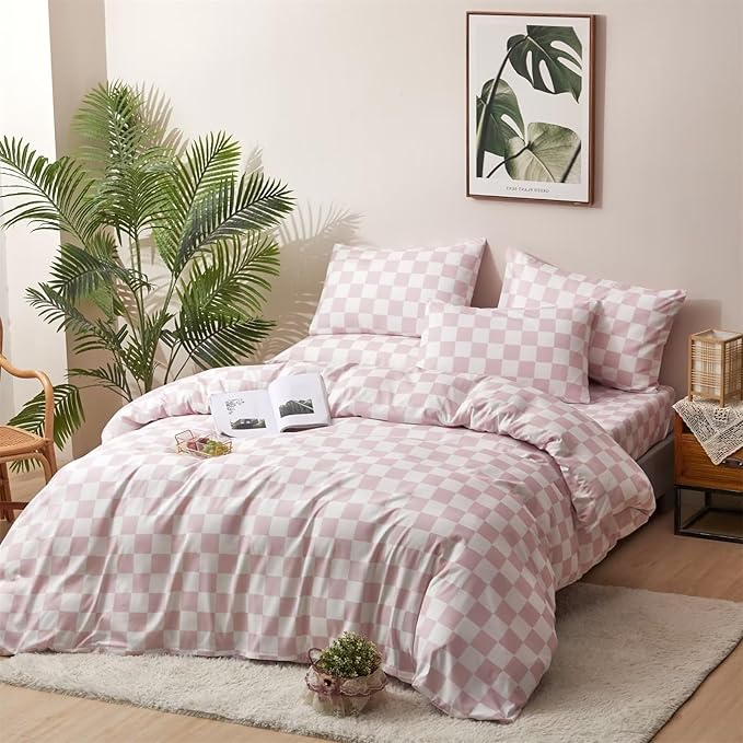 Houseri White Pink Plaid Duvet Cover King Light Pink Checkerboard Bedding Duvet Cover Set Women Elegant Baby Pink Buffalo Checkered Bedding Set King Comfy Pale Pink Grid Gingham Duvet Covers King Size