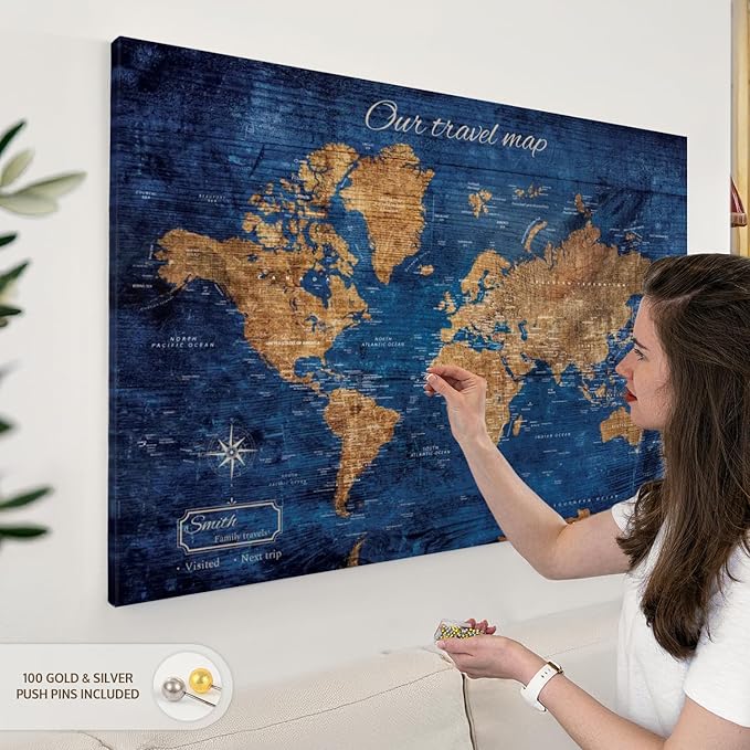ElephantStock - Personalized Our Travel I Push Pin World Map Wall Art - Horizontal Canvas Wall Art - Living Room Wall Decor - Digital Art Map Canvas Art - Brown And Blue Decor - 45" x 30"