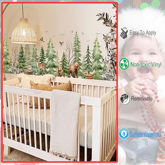Watercolor Pine Tree Animals Wall Stickers Woodland Forest Tree Fox Deer Bear Wall Decals Baby Nursery Bedroom Living Room Staircase Wall Decor
