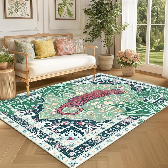 Washable Non-Slip 5x7 Green Tiger Rug for Boys Room Bedroom Dining Room Boho Vintage Tropical Animal Cheetah Print Jungle Rug Soft Cozy Whimsical Woodland Carpet for Playroom Living Room