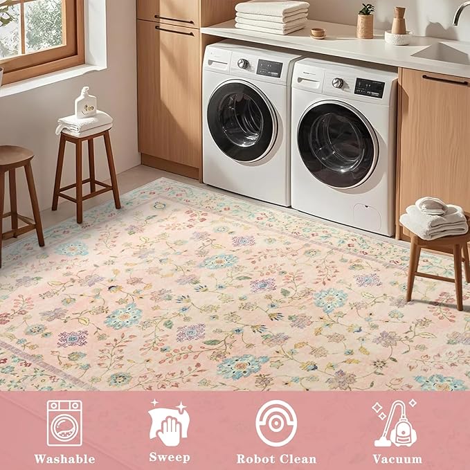 Pink Rugs for Living Room, 8x10 Washable Floral Area Rug for Bedroom, Soft Non Slip Indoor Low Pile Carpet for Kitchen Dining Room, Large Boho Throw Carpets for Nursery Office Dorm Playroom Home Decor