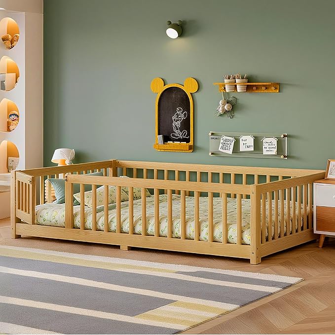 Bellemave Full Size Montessori Floor Bed Frame with Rails & Door, Solid Wood Kids Floor Bed Full with Removable Slats, Low Profile Montessori Bed for Children’s Sleep & Play, Natural