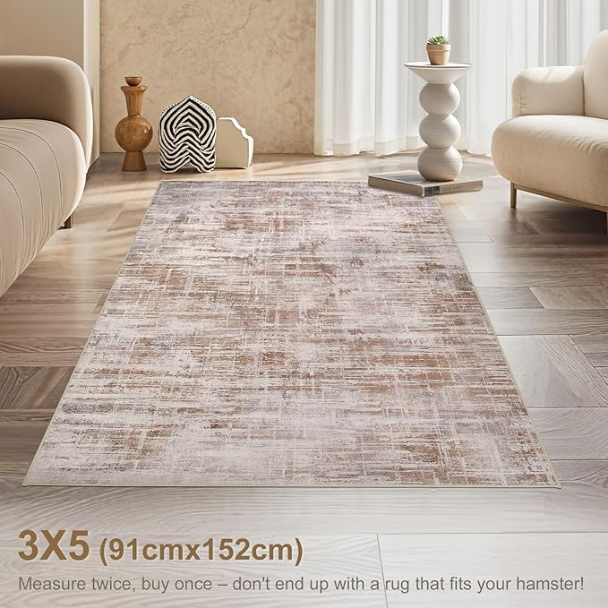 Area Rug for Living Room: 3x5 Washable Neutral Abstract Modern Soft Rugs Non Slip Indoor Floor Stain Resistant Carpet for Bedroom Dining Room Office Nursery - Red Brown