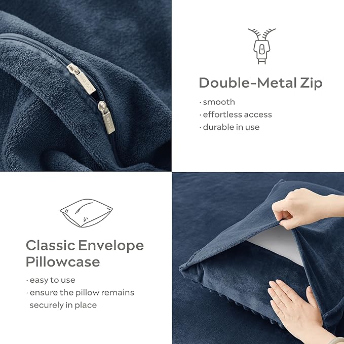 JELLYMONI Plush Duvet Cover Set - Queen Size Navy Blue Striped Fluffy Comforter Cover 3pcs Bedding Set Luxury Ultra Soft Faux Fur Duvet Cover with Zipper and 2 Pillowcases (NO Comforter)