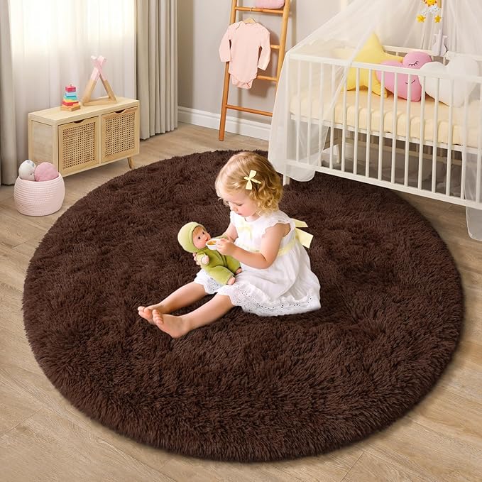 EVOIONOS Coffee Round Rug for Bedroom, 4x4 Ft Fluffy Soft Circle Area Rugs for Living Room, Plush Shaggy Circular Carpet for Indoor Floor Bedside Kids Nursery, Machine-Washable Home Decor Aesthetic