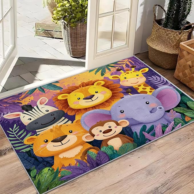 Safari Animal Rug for Nursery - Zoo Animal Area Rug 2x3, Cute Cartoon Jungle Animals Rugs for Entryway, Kids Baby Playroom Door Mat - Washable Non Slip High Traffic Areas, Safari Home Decor