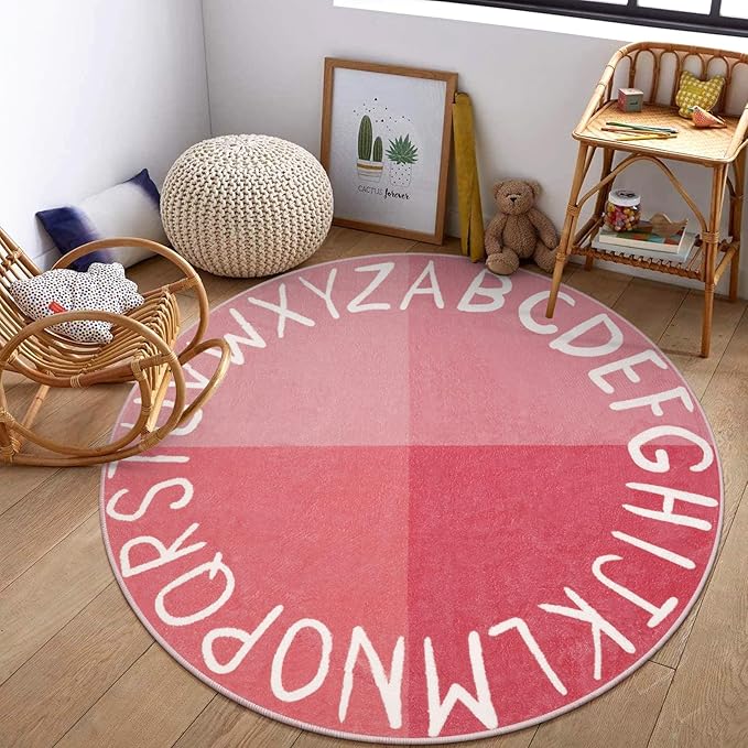 LIVEBOX Large Pink Rugs for Nursery, Washable Kids Rug for Girls Bedroom, Educational Round Rug for Playroom, ABC Circle Carpet Soft Princess Playmat for Living Room Classroom(71",Pink)