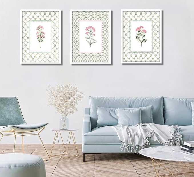 3Pcs Pink Green Floral Wall Art Wildflower Baby Room Painting Picture Wall Decor Pastel Botanical Poster Print Artwork for Bedroom Living Room Girls Bedroom Nursery Dining Room Home Decoration
