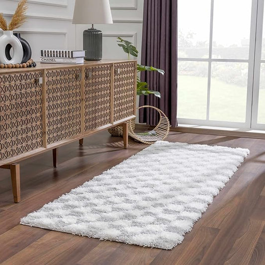 Hauteloom Atira Checkered Shag Runner Rug - Checkboard Design - High Pile Fluffy Shaggy Touch - Square Tiles - Kids Room, Hallway, Bedroom Shag - Gray, Cream, White - 2'7" x 7'3"