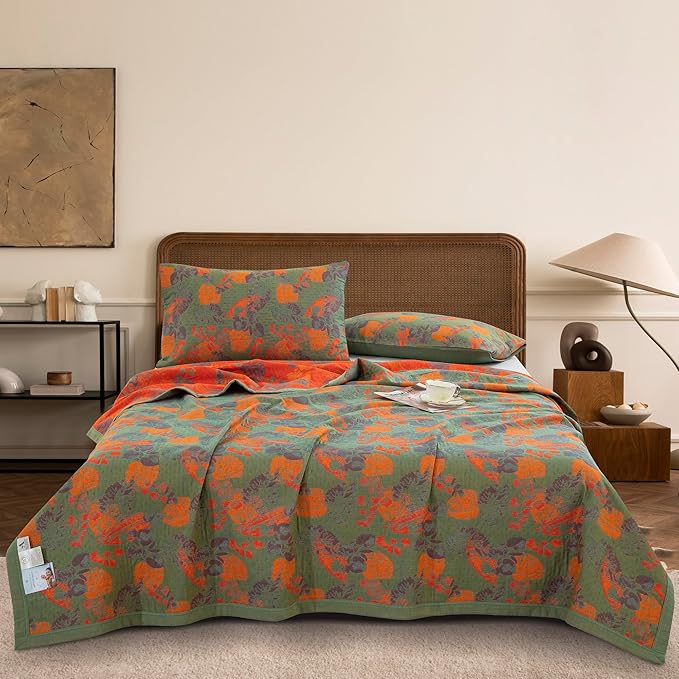 100% Cotton Muslin Blanket Jacquard Ginkgo Leaf Floral Quilt, Soft Bed Cover 3 Layers Lightweight Breathable Gauzy Reversible Bedspread Coverlet Bedding Twin(59"x94"), No Pillow Sham