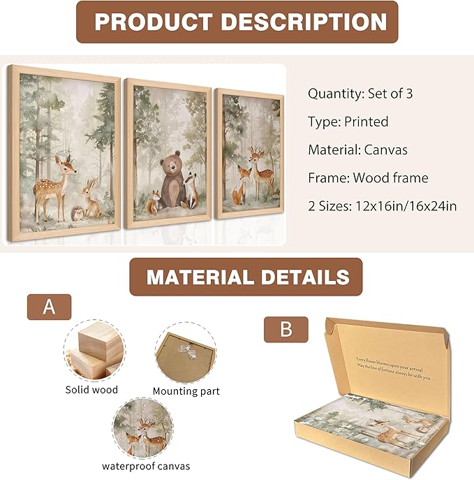Framed Woodland Wall Art Set of 3, Wild Animals Nursery Wall Decor, Cute Bear Fox Deer Watercolor Canvas, Forest Animal Pictures Print for Baby Room Decor Home Decoration – 16x24 inch
