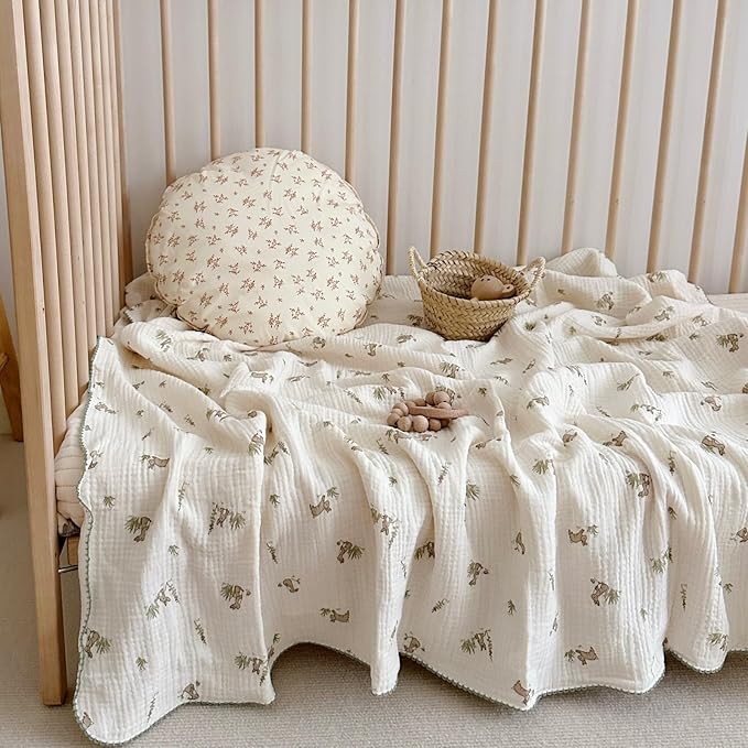 BuLuTu Gray Rabbit Pattern Cotton Muslin Toddler Blanket Large Crib Quilt Soft Breathable Toddler Bed Blankets Baby Boys Girls Swaddle Blankets, All Seasons, 47"x51"