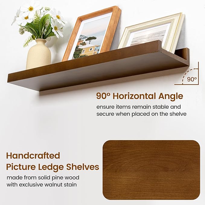 Picture Ledge Wall Shelves 36 inches Width Set of 3, Solid Pine Wood Rustic Floating Ledge Shelves for Wall for Kids' Room Bedroom Kitchen Bathroom Living Room Nursery Display Wall Decor, Walnut