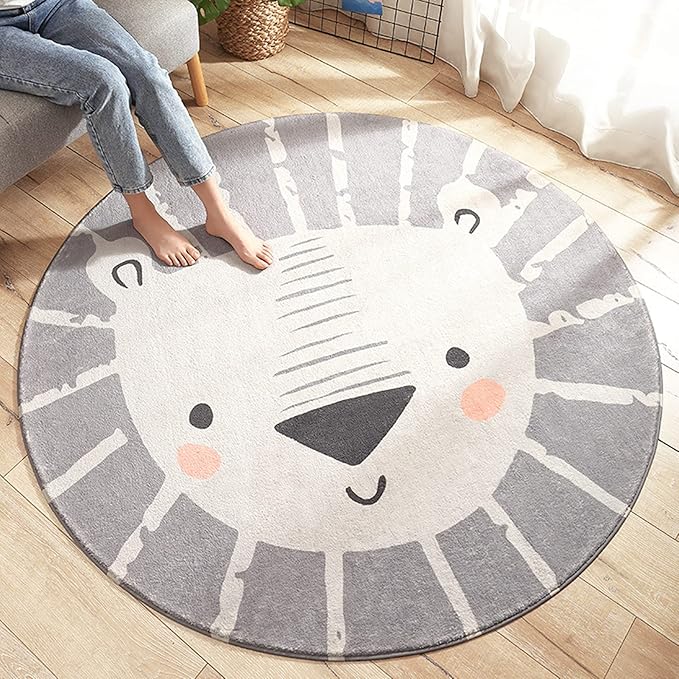 ABREEZE Kids Play Rug 4ft,Lion Round Area Rug Kids Nursery Door Mat Soft Plush Non-Slip Childrens Carpet for Bedroom Living Room Playroom,Grey