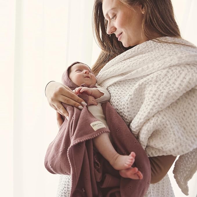 Organic Pointelle Baby Blanket + Hat Gift Set for Boys & Girls - 100% Soft Luxury Cotton Swaddle Blanket + Bonnett Registry for Newborns & Infants (Oatmeal + Hat)