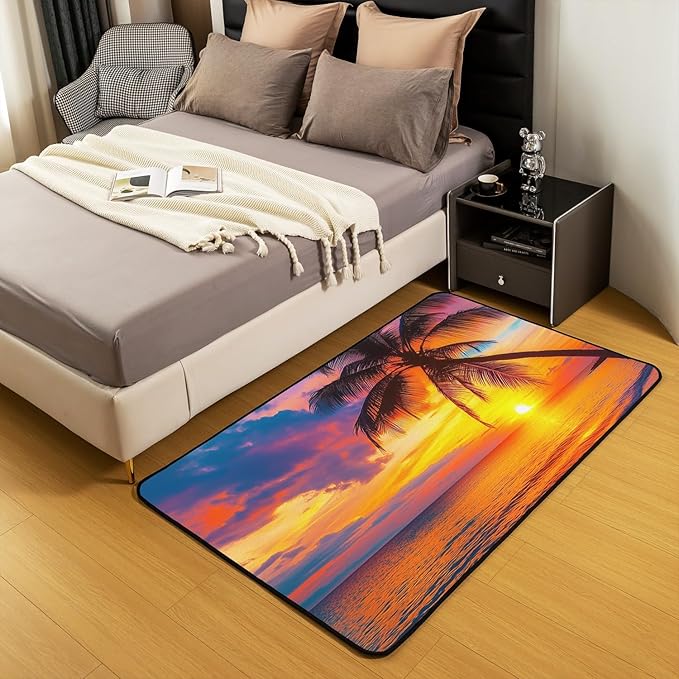 Ocean Beach Area Rug 4x5 and Mats,Hawaiian Beach Palm Tree Decorative Carpet Floor Mat Decor, Tropical Sea Sunset Carpet,Machine Washable Non-Slip Living Room Rugs for Bedroom