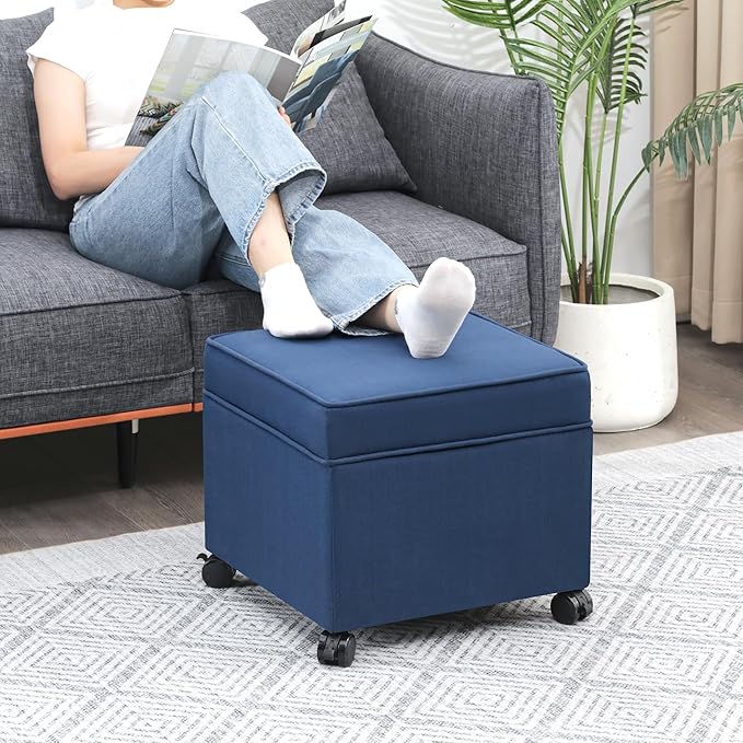 Adeco 17.5" Navy Blue Square Fabric Ottoman with Storage, Upholstered Cotton Linen Foot Rest, Flip Top Footstool, Small Cube Coffee Table Extra Seat for Living Room, Bedroom