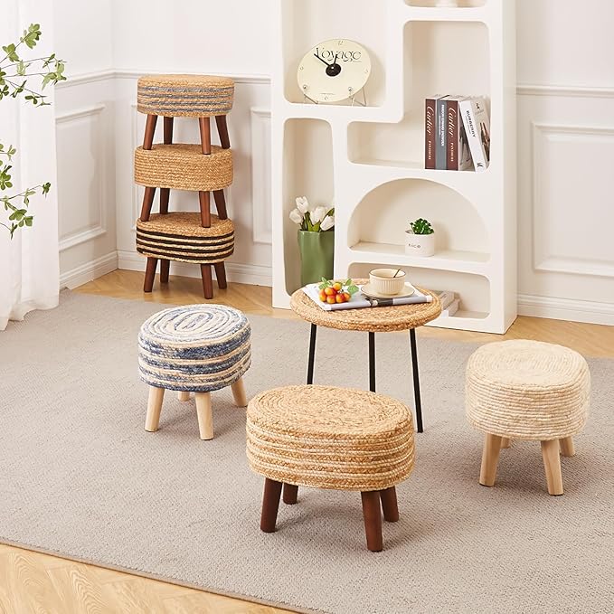 Cpintltr Round Ottoman Natural Seagrass Footstool Hand Weave Water Hyacinth Poufs Eco Friendly Sofa Foot Stool Soft Step Stool Padded Foot Rest with Pine Legs for Living Room (White and Solid)