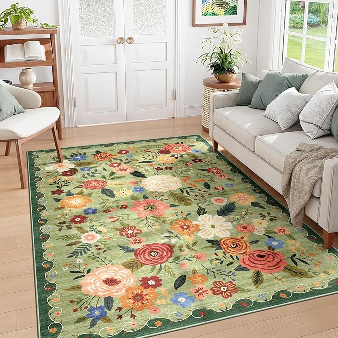 6x9 Washable Area Rug for Living Room, Floral Non-Slip Non-Shedding & Easy Care, Soft Low Pile Vintage Indoor Floor Carpet for Living Room, Bedroom, Farmhouse, Dining Room, Kids Playroom, Green
