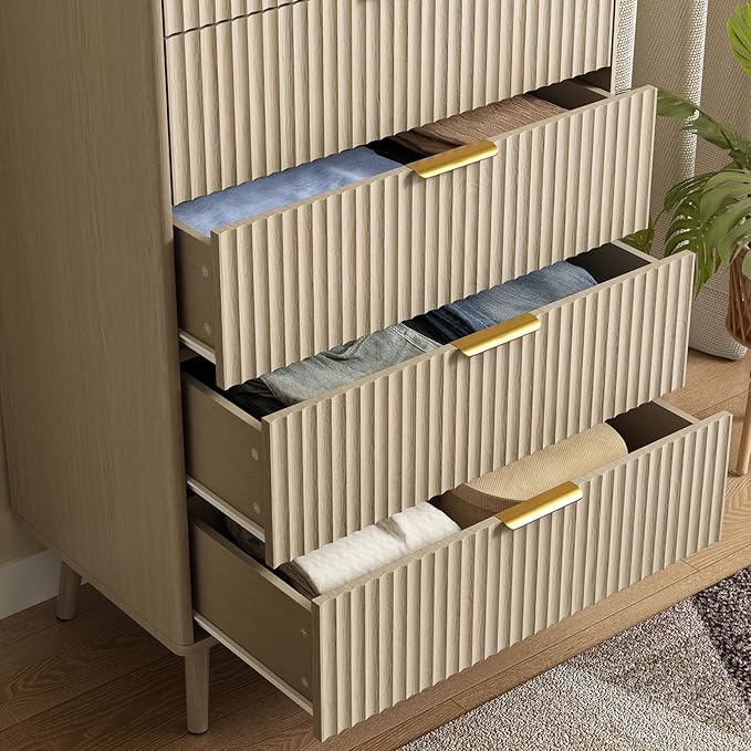CARPETNAL Fluted 5 Drawers Dresser for Bedroom, 45" Tall Wooden Chest of Drawers with Rounded Corners, Gold Handles, Modern Storage Organizer for Bedroom, Hallway (Beige)