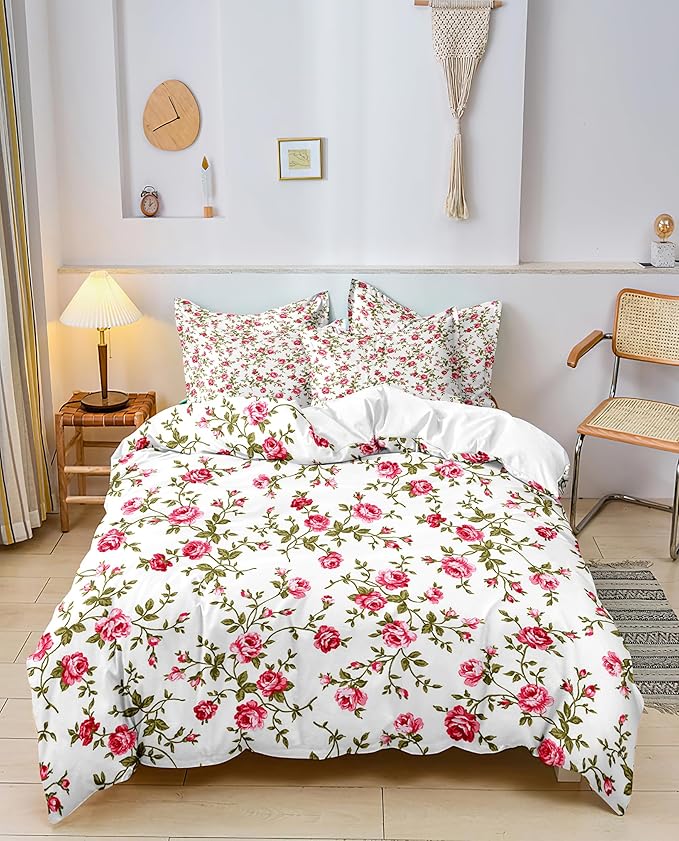 Pink Floral Duvet Cover King Girls Garden Floral Bedding Set Vintage Style Aesthetic Flower Comforter Cover 1 Duvet Cover with 2 Pillowcases Flowers Botanical Duvet Cover with Zipper Closure