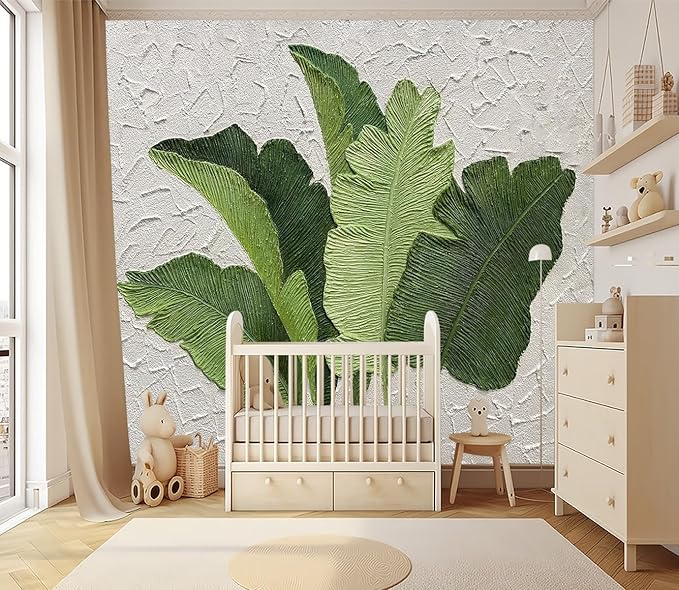 XMPMBM-Hand-Painted Banana Leaf Art Fabric Wallpaper Graffiti Green Leaf Living Room Bedroom Bathroom Wall Mural-W 132" X H 92"（93 Square Foot）