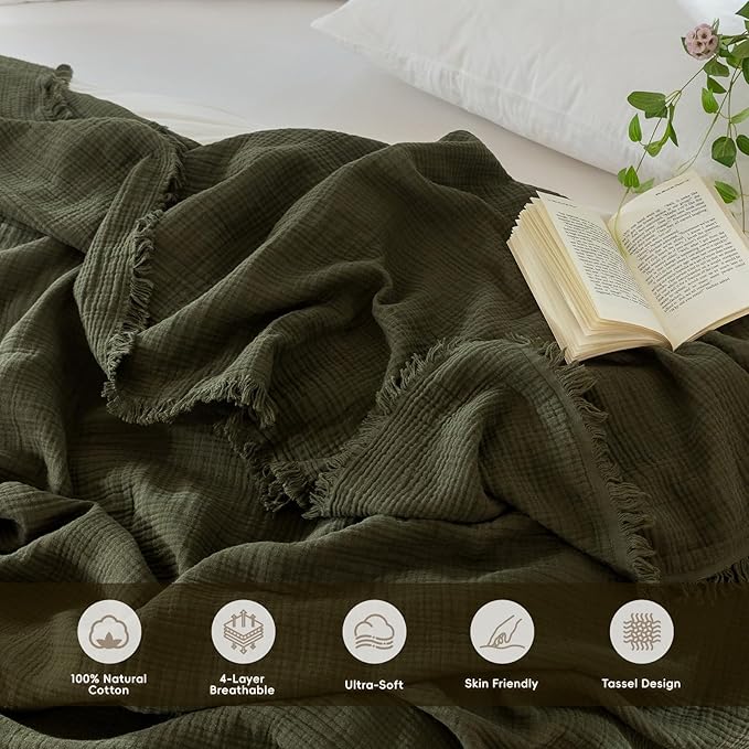 MooMee Muslin Blanket - 100% Cotton 4-Layer Gauze Throw Blanket with Tassels Ultra-Soft Breathable Lightweight Cooling for Bed Couch (Olive Green,Oversizedd Queen 98" x 98")