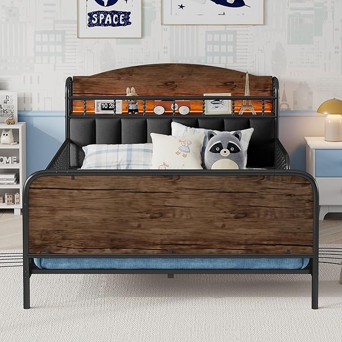 Ball & Cast Full Size Toddler Bed W/LED Light,Metal Bed W/Linen Fabric Upholstered Storage Headboard,Platform Bed Frame W/Safety Guardrails & Low Profile Design,for Boys Girls,Black