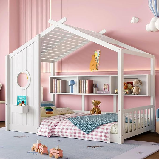 Twin Size Floor House Bed with Roof and Window for Kids, Wooden Playhouse Bed with Storage Shelves for Bedroom Furniture Girls & Boys (White/L2, Twin)