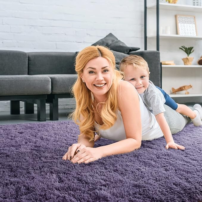 Merelax Soft Modern Indoor Large Shaggy Rug for Bedroom Livingroom Dorm Kids Room Home Decorative, Non-Slip Plush Fluffy Furry Fur Area Rugs Comfy Nursery Accent Floor Carpet 5x8 Feet, Grey-Purple