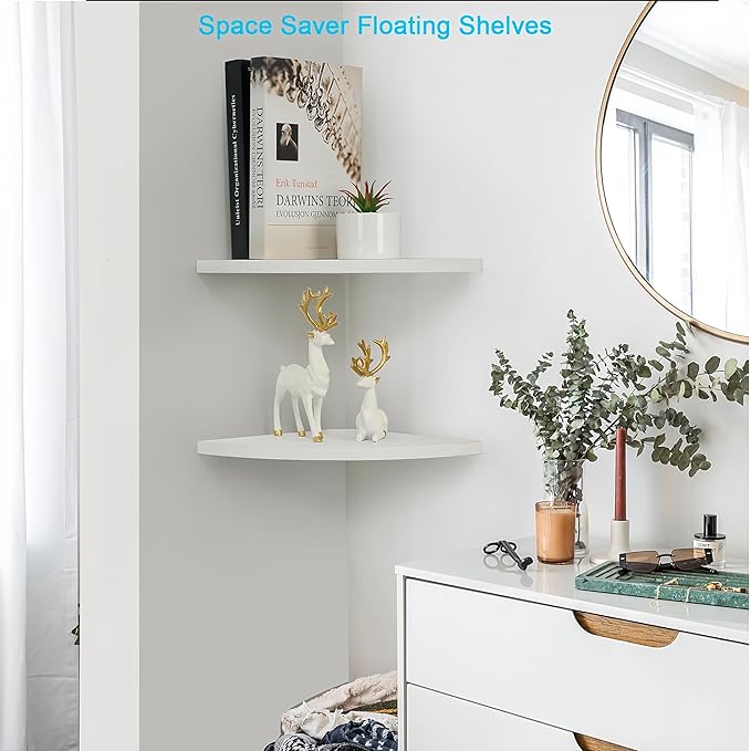 Corner Wall Shelves Set of 2, Rustic Wood Corner Floating Shelves with Cable Raceway, Wall Mount Storage Display for TV Accessories, Baby Monitor (White, Fan-shaped-10 Inch)