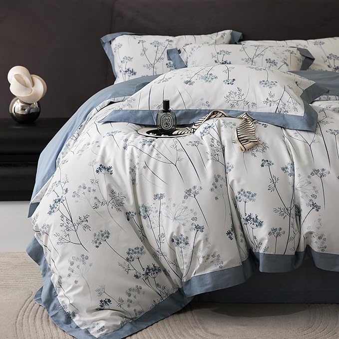 HighBuy Aesthetic Blue Floral Duvet Twin XL Girl Cozy Cotton Comforter Cover with Zipper Closure,Vintage Flowers Botanical Bedding Set Twin XL Luxury Cottagecore Duvet Cover Set for Kids Bed