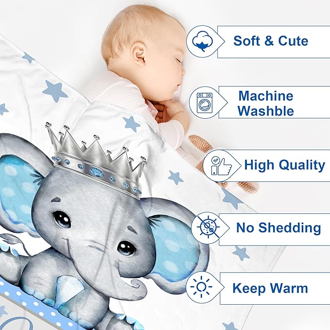 J&SBGFT Personalized Baby Blanket for Boys,Custom with Name, Customized Name Receiving Blankets Toddlers Kids Nursery Stroller Crib Decor Throw 30/''x40/'',Color9, 09-blue Elephant King