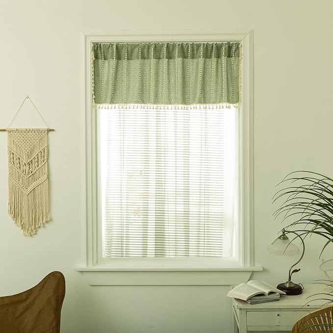 Deeprove Sage Green Boho Curtain Tassel Valance for Cafe Kitchen Closet Garden Decor, Bohemian Farmhouse Cream Cotton Linen Short Panel French Country Window Treatments Tier Panel, W52 x L18, 1 Piece