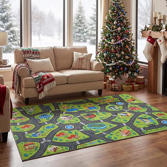 Merelax 4x6 Kids Car Area Rug, Green Grey Area Road Rugs for Living Room Playroom Classroom Bedroom, Non Slip Kids Play mat, Washable Rug, Educational City Traffic Map Fun Car Carpet for Ages 3-12