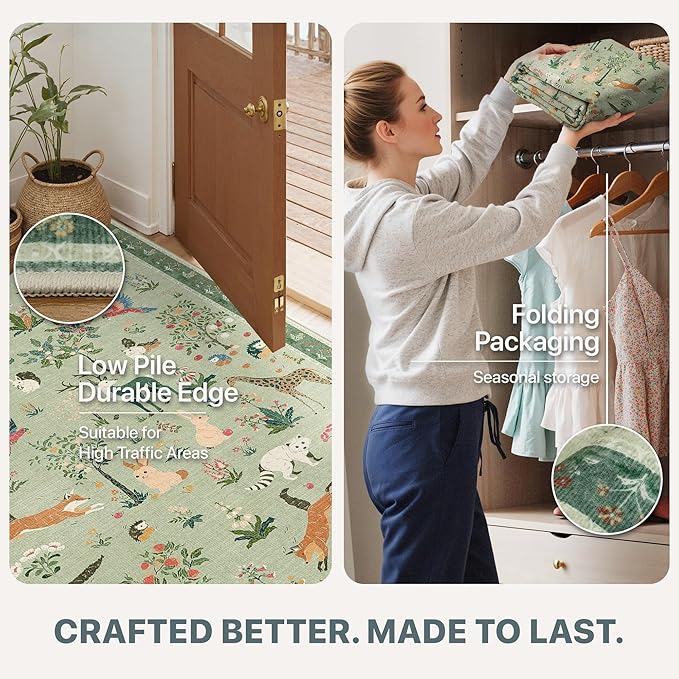 Runner Rug Non Slip 2'6''x 6', Floral Animal Print Rug Machine Washable Rug, Non Slip Low Pile Hallway Runner Carpet for Kitchen, Laundry, Bedroom, Bathroom, Light Green
