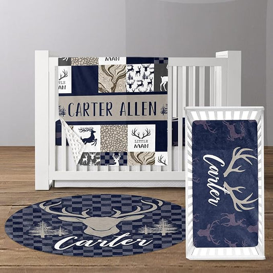 Custom Baby Crib Bedding Set - Navy Deer Design Personalized Name Baby Nursery Bedding 3 Pcs Set - Chic Soft Blanket, Fitted Sheet, Room Rug for Newborns Boys Girls Gifts