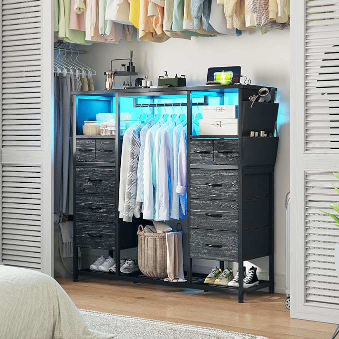 51.2" H Black Dresser with Hanging Rack, 10 Drawers Dresser for Bedroom, Fabric Chest of Drawers with LED Lights & Charging Station, Wooden Top & Sturdy Frame, Black