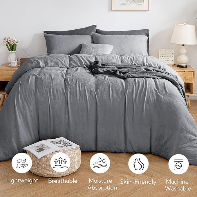 MILDLY Muslin Duvet Cover California King - 100% Washed Cotton Linen Like Gauze Comforter Cover 3 Pieces Breathable & Lightweight for All Season