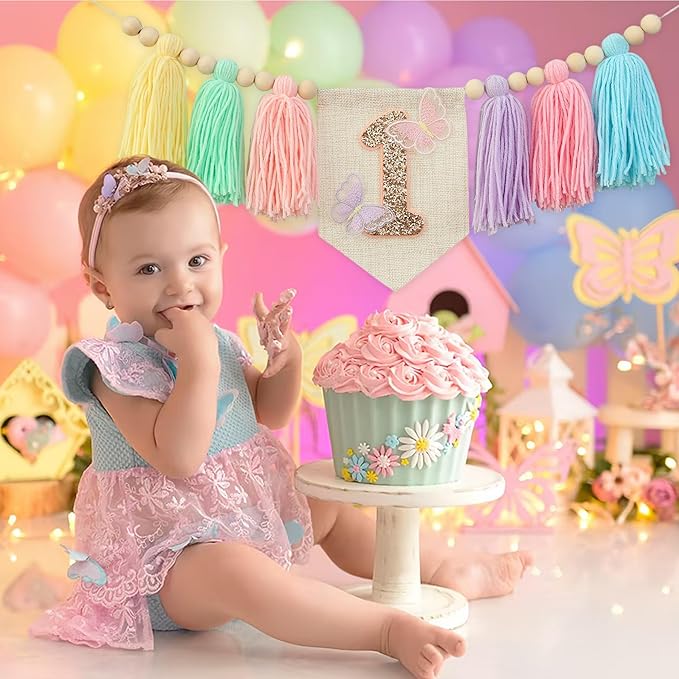 Handmade Macaron 1st Birthday High Chair Banner with Butterflies First Highchair Banner For Baby Girls 1 Birthday Party Decorations Wood Bead Tassel Garland Princess Boho Butterfly Colorful Photo Props
