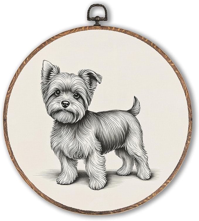 Vintage Yorkshire Round Wall Art Framed, Retro Weiner Dog Round Wall Decor, Yorkshire Weiner Dog Gifts Hanging Canvas Print Wall Sculpture for Bedroom Living Room Decor, 10x10 Inch