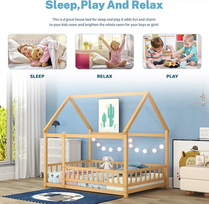 Bellemave Full Size House Bed for Kids,Solid Wood Floor Bed, Montessori Floor Bed with Fence and Roof,Playhouse Full Bed Frame for Girls,Boys(Full,Natural)