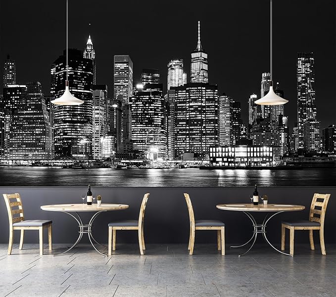Black City Wallpaper Peel and Stick New York Night Scene Self Adhesive Wall Mural for Living Room Bedroom 82"x57"