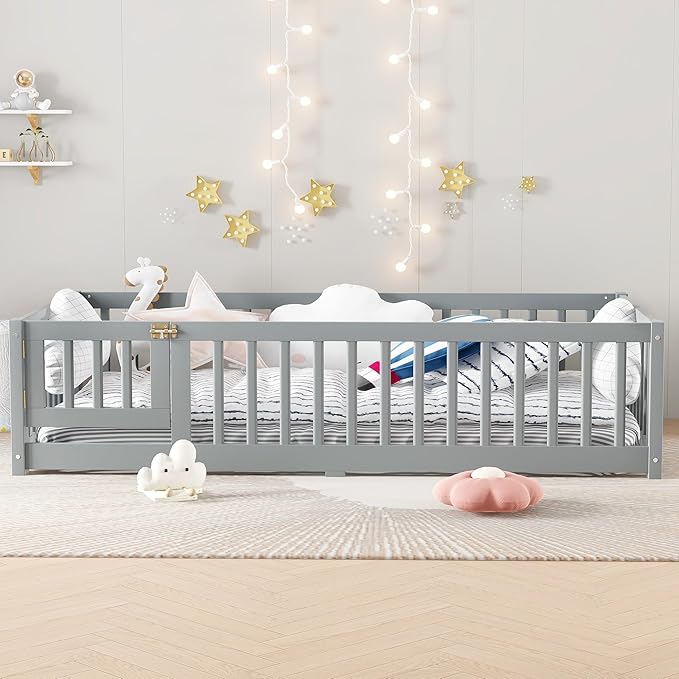 Harper & Bright Designs Twin Floor Bed Frame with Safety High Fence, Wood Montessori Bed with Door, Twin Size Floor Beds with Solid Wood Support Slats for Boys, Girls, Kids, Gray