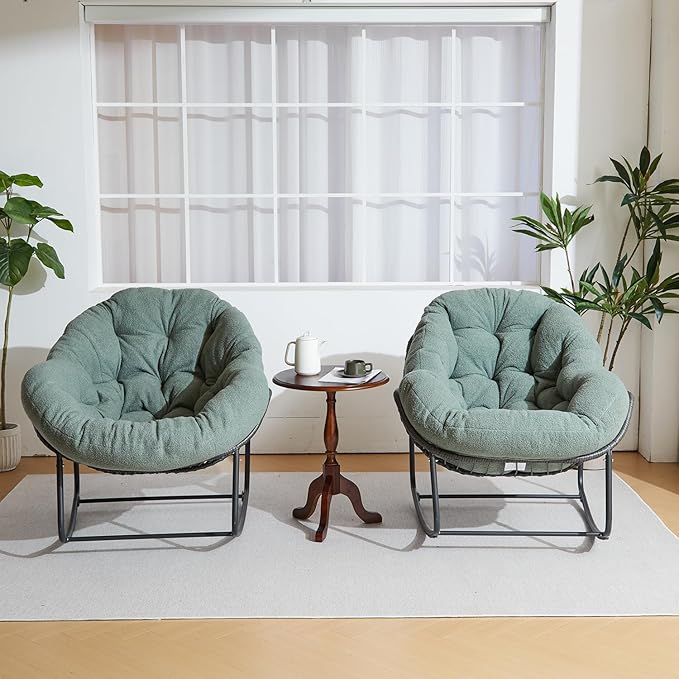 Oversized Outdoor Papasan Rocking Chair Set of 2 with Soft Cushion, Comfy Patio Egg Chair, Wicker Lounge Rocker for Balcony/Porch/Garden, Reinforced All Weather Rattan Frame, Hunter Green