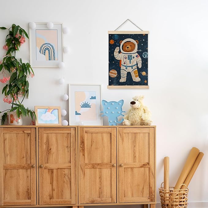 URLLUAE Astronaut Bear Space Wall Art Posters for Kids Room, Cute Outer Space Planet Poster Hanger Frame for Boys Bedroom Classroom Nursery Playroom Wall Decor, 12x16 Inch