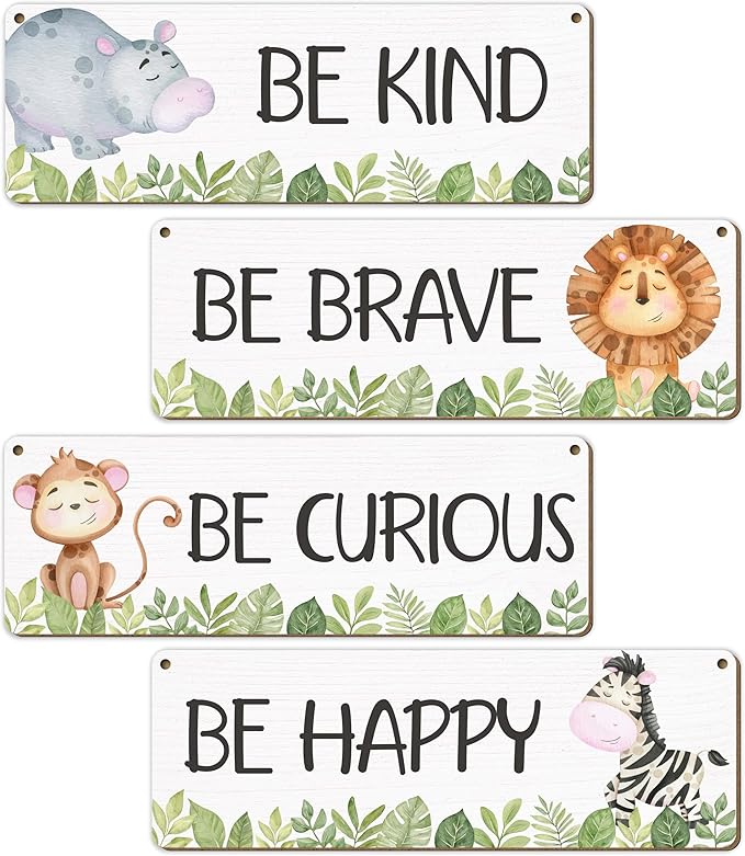 Woodland Nursery Decor, Safari Jungle Animals Boysroom Wall Sign Art, Motivational Bedroom Decorations for Kids Boys, 4 Pieces Wood Sign, 3.9x11.8 In-A05