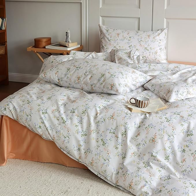 HighBuy Lightweight Cotton Floral Duvet Cover Twin XL Yellow Blue Floral Pattern Bedding Set Twin XL Vintage Boho Floral Comforter Cover 2 Pillowcases Aesthetic Green Botanical Duvet Cover Set