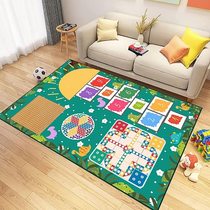 Hopscotch Area Rug for Playroom,6x9ft,Cute Dinosaur Print Playmat Rug Fade-Resistant Easy to Clean Kids Floor Mats for Boys Girls Bedroom Washable Throw Carpet